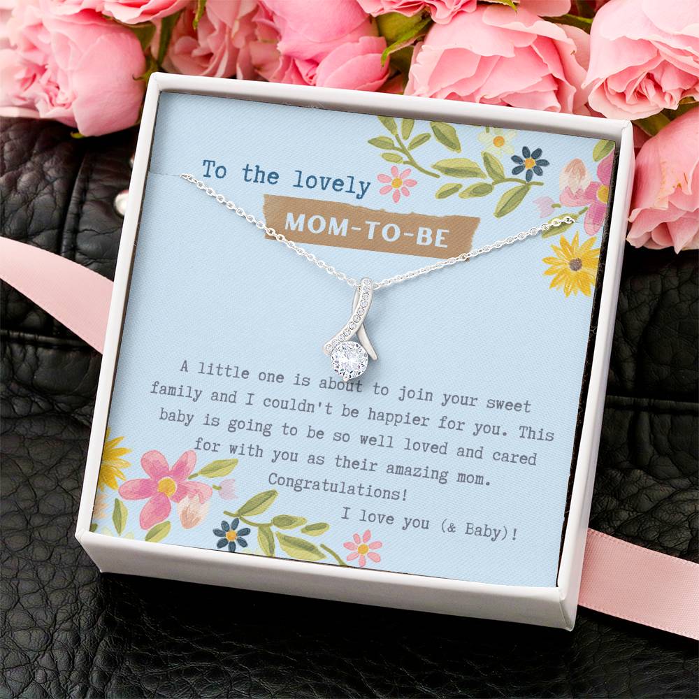Mom To Be Ribbon Drop Necklace  Blue Floral Baby Shower Alluring Beauty Necklace