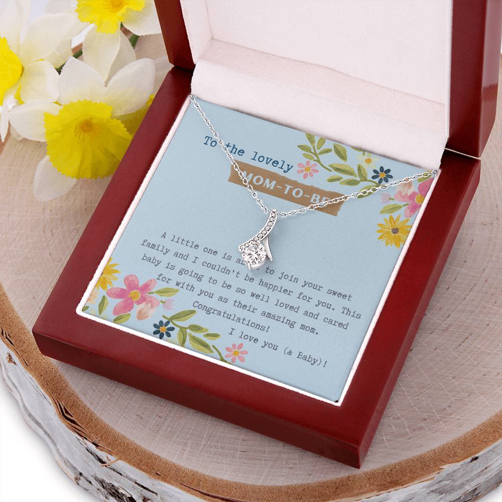 Mom To Be Ribbon Drop Necklace  Blue Floral Baby Shower Alluring Beauty Necklace