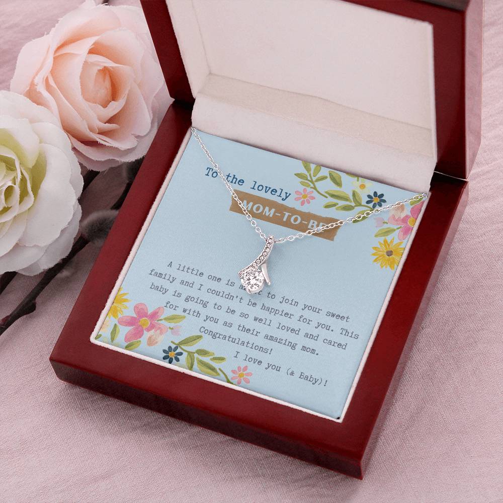 Mom To Be Ribbon Drop Necklace  Blue Floral Baby Shower Alluring Beauty Necklace