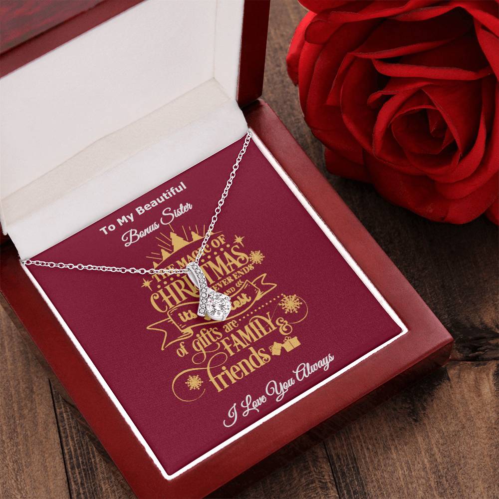 To My Beautiful Bonus Sister The Magic Of Christmas Is Family And Friends Message Card Necklace I Love You Always Alluring Beauty Necklace