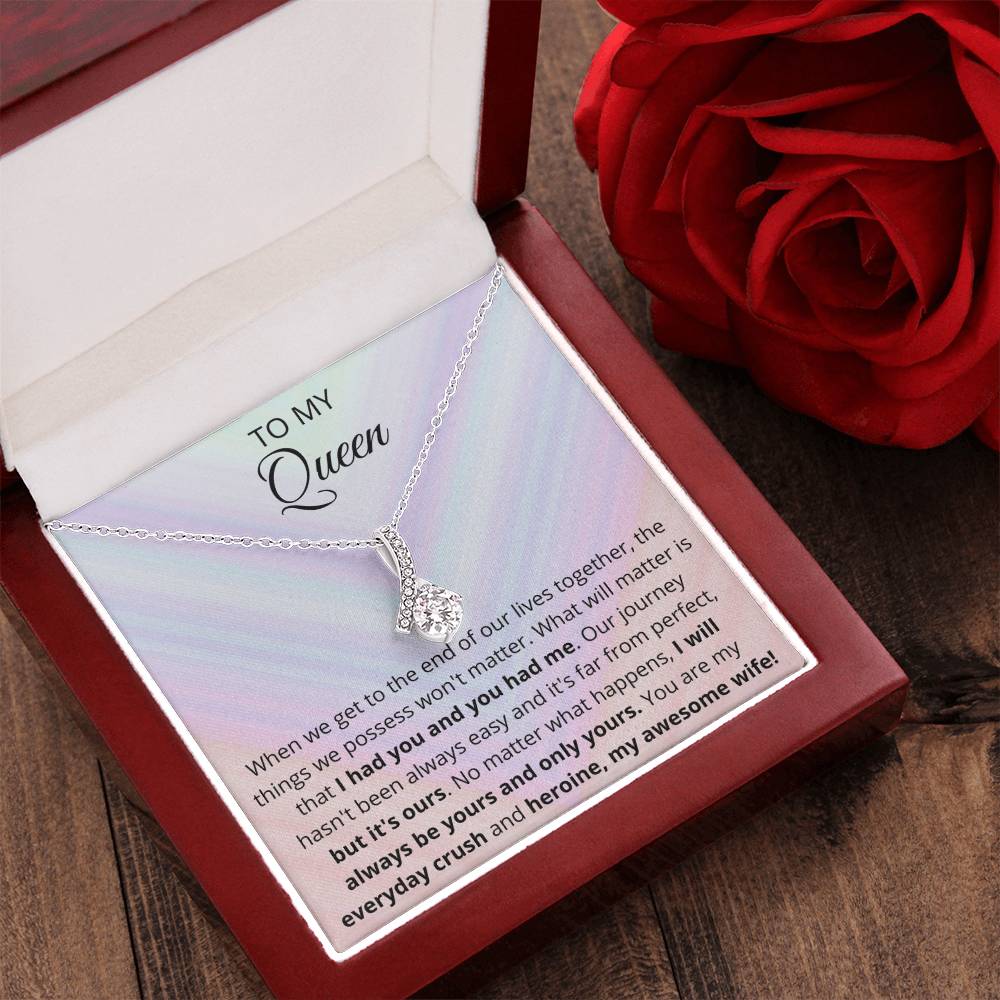 Ribbon Pendant 14K White Gold Plated Necklace - To My Queen Alluring Beauty Necklace