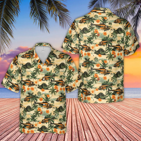 Helicopter Hawaiian Shirt | Tropical Volcano & Palm Tree Print | Premium Lightweight Polyester | Vacation Gift For Pilot And