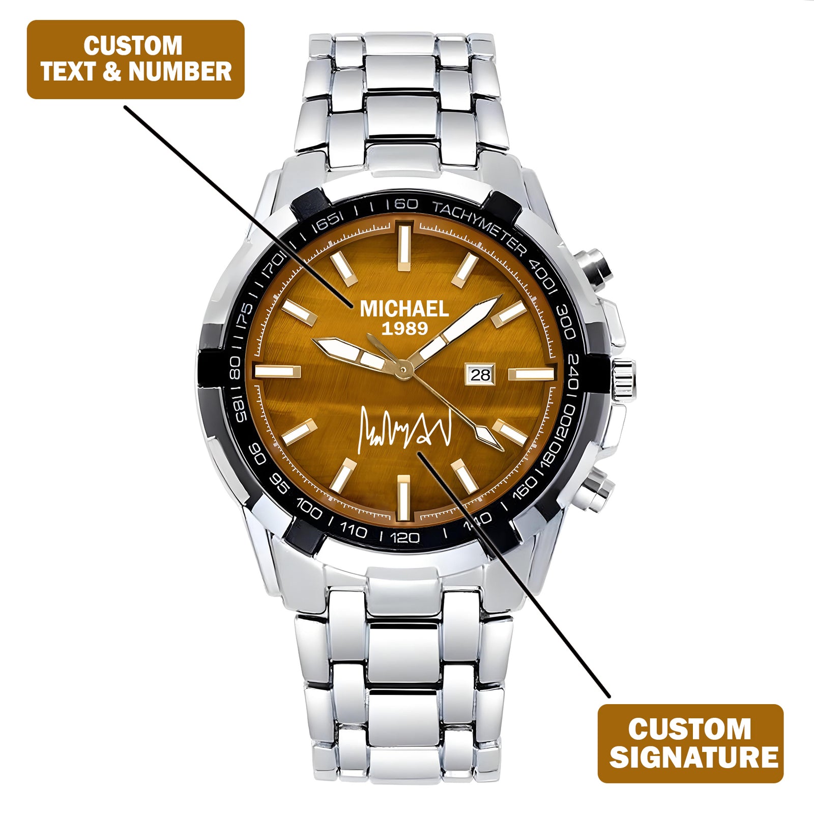 Custom Wrist Watches For Men - Tiger's Eye Brown Dial