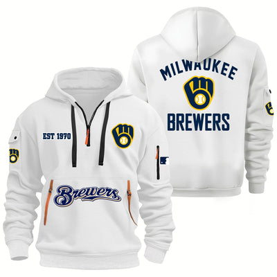 Milwaukee White Hooded Quarter Zip Baseball Hoodie